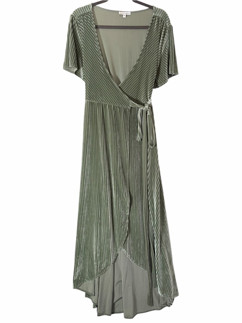 BALTIC BORN Andi Ribbed Velvet Velour Maxi Wrap Dress Dusty Sage Green XL - Picture 3 of 9